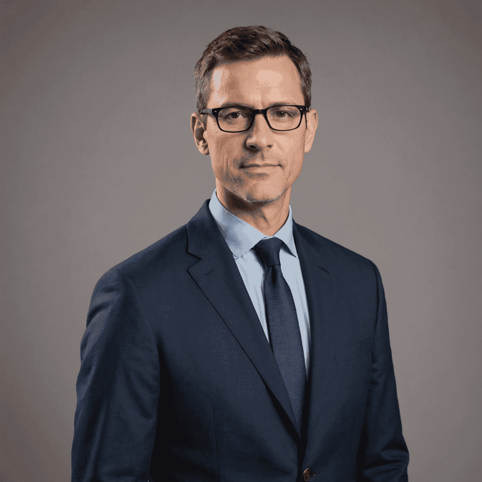 Portrait of a professional-looking man in his 40s with short brown hair and glasses, wearing a navy blue blazer