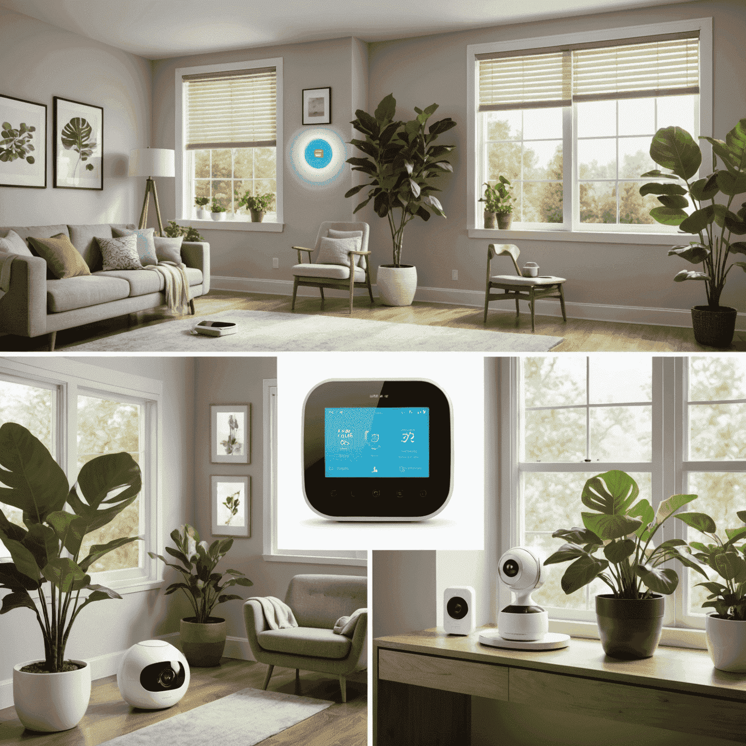 A collage of five innovative smart home gadgets, including a smart plant sensor, voice-controlled window blinds, a smart water leak detector, an AI-powered security camera, and a smart air purifier