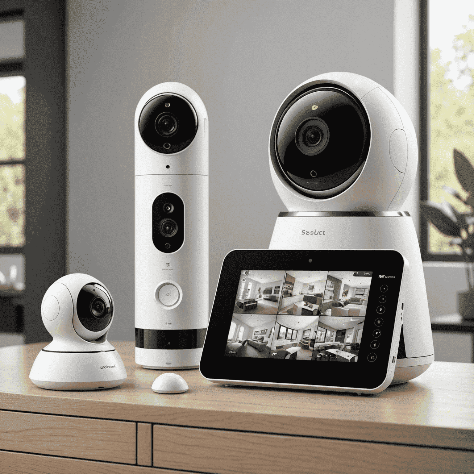 AI-powered home security system with cameras, sensors, and a central control panel displaying real-time data and alerts