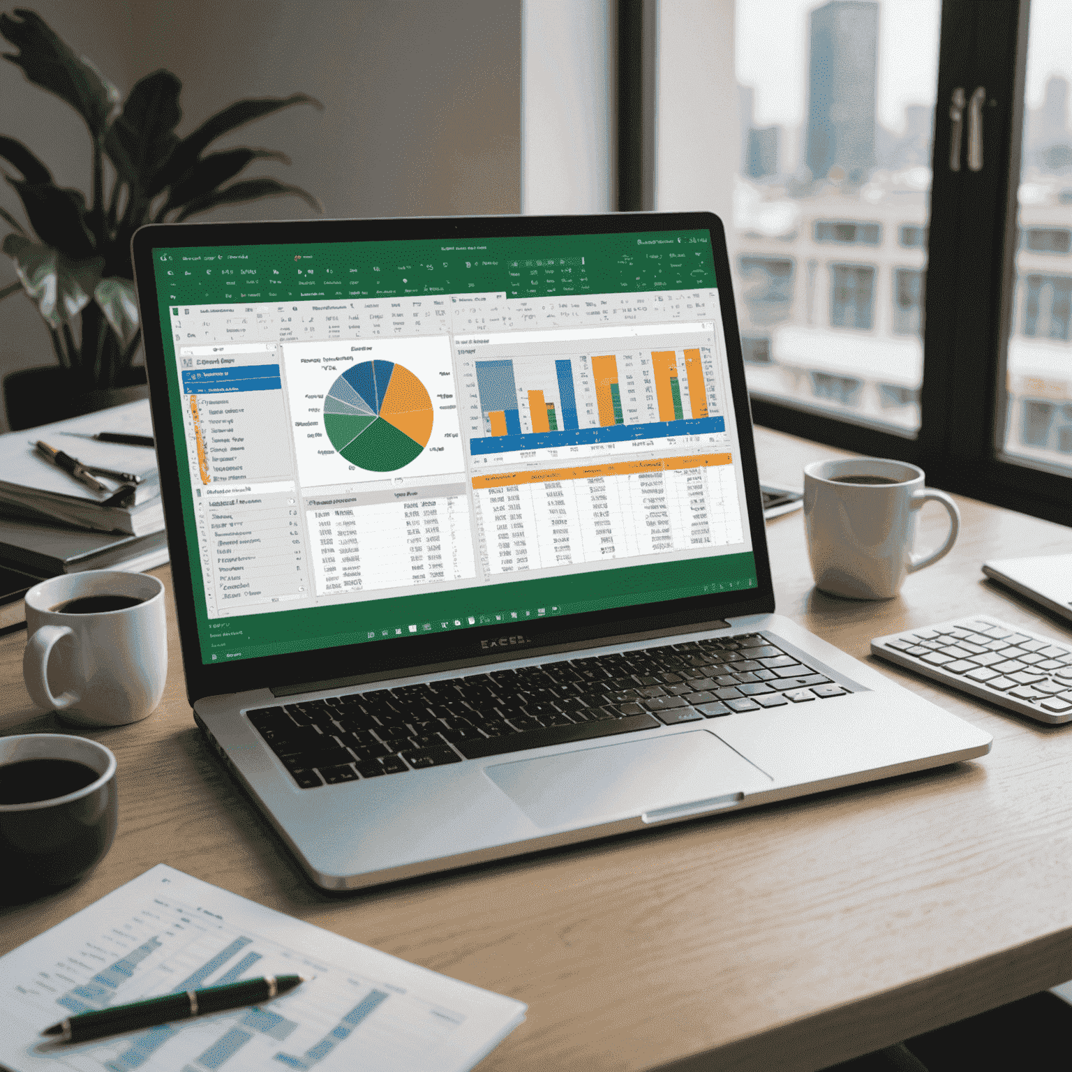 A professional workspace with an open laptop displaying an Excel spreadsheet. The image showcases various Excel features like charts, formulas, and data organization techniques.