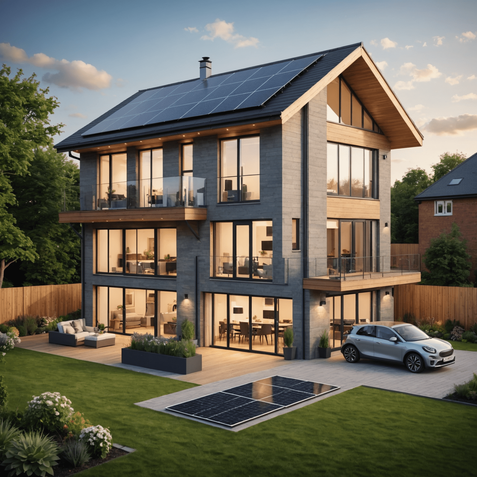 A modern smart home with various energy-saving devices visible, including smart thermostats, LED lights, and solar panels on the roof. The image showcases a UK-style house.