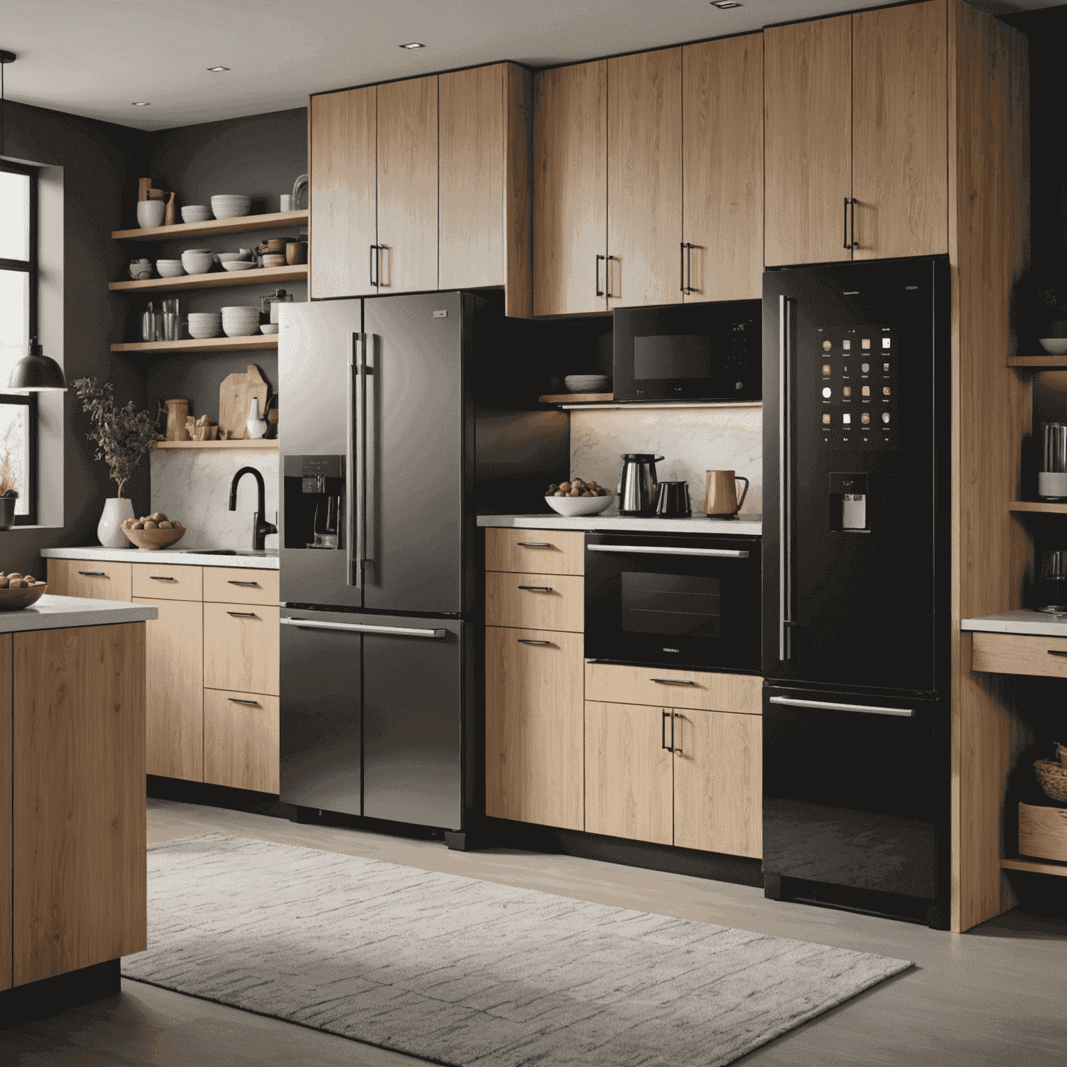 A modern kitchen with various smart appliances, including a touchscreen refrigerator, app-controlled oven, and a smart coffee maker