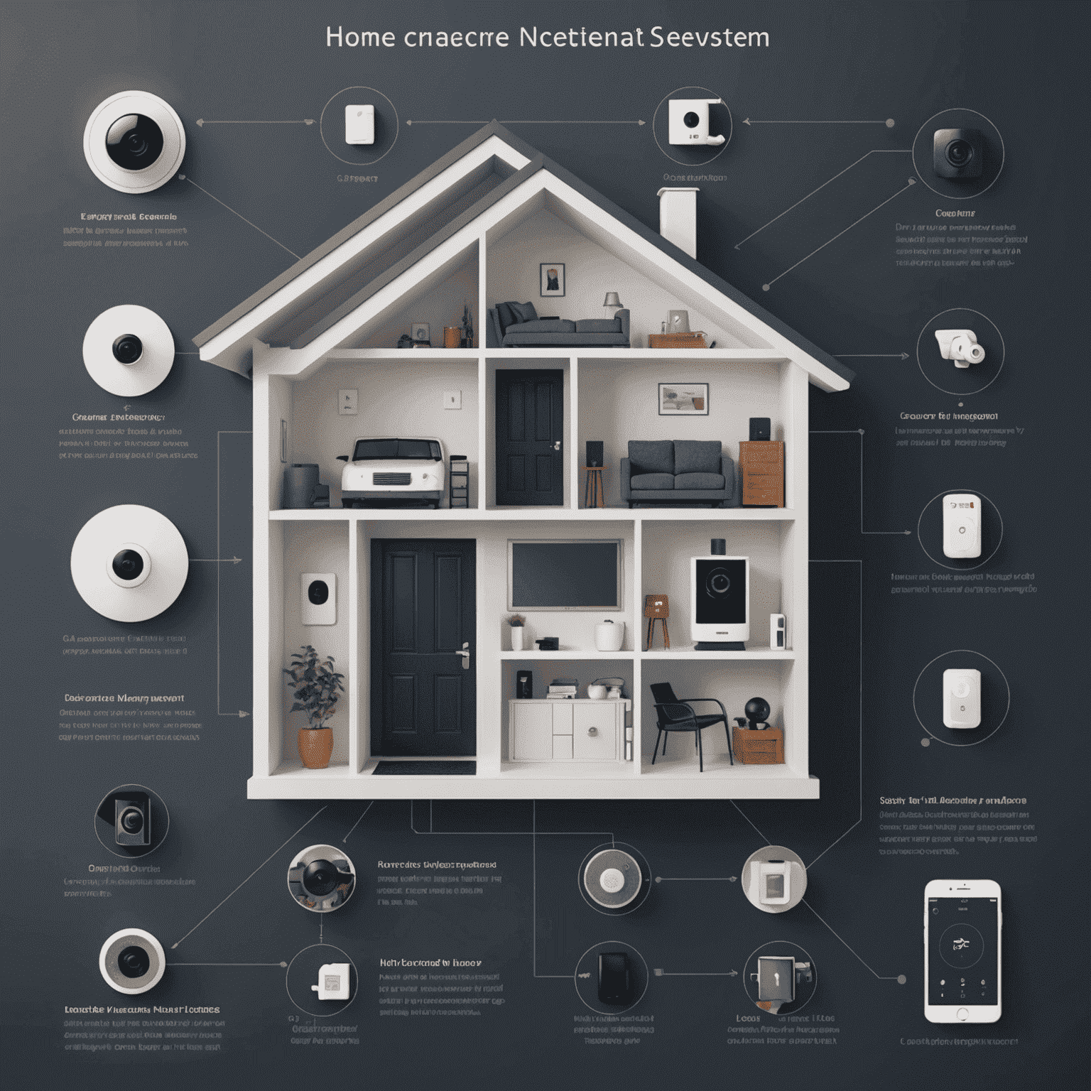 Infographic showing the interconnected components of an AI home security system, including cameras, door sensors, and a smartphone app interface