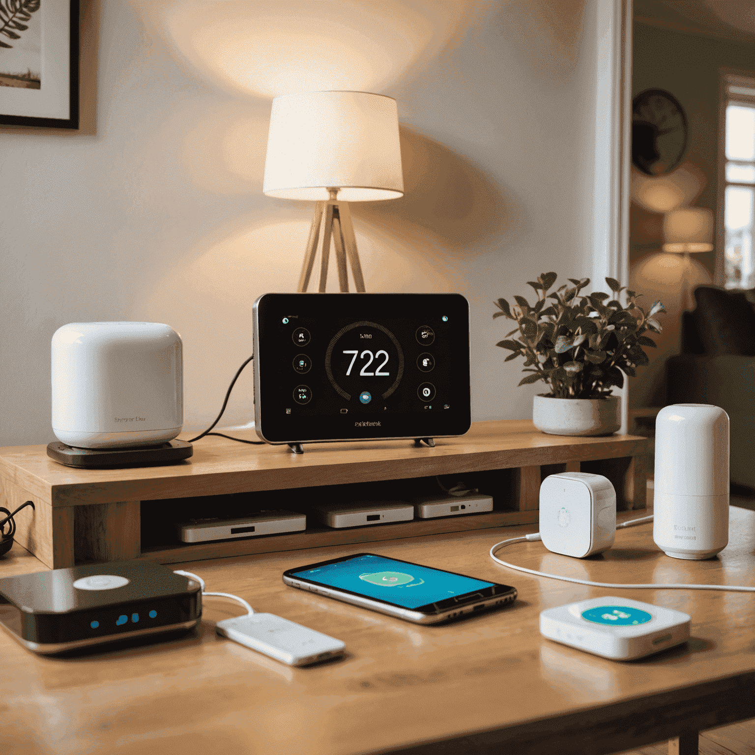 A collection of smart home devices including a smart thermostat, LED bulbs, and a smart power strip arranged on a wooden table in a UK living room.