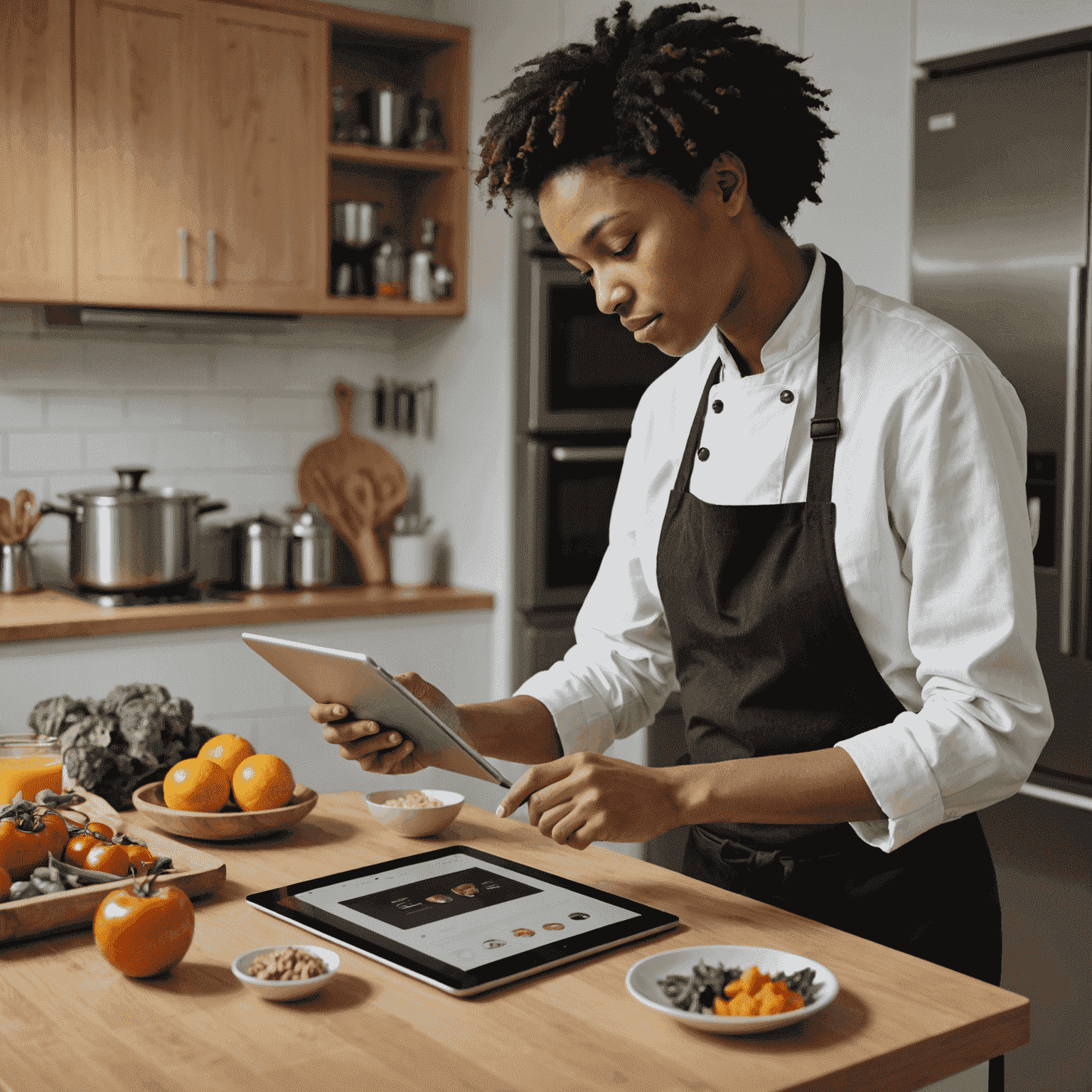 A person using a tablet to follow an AI-suggested recipe while cooking in a smart kitchen