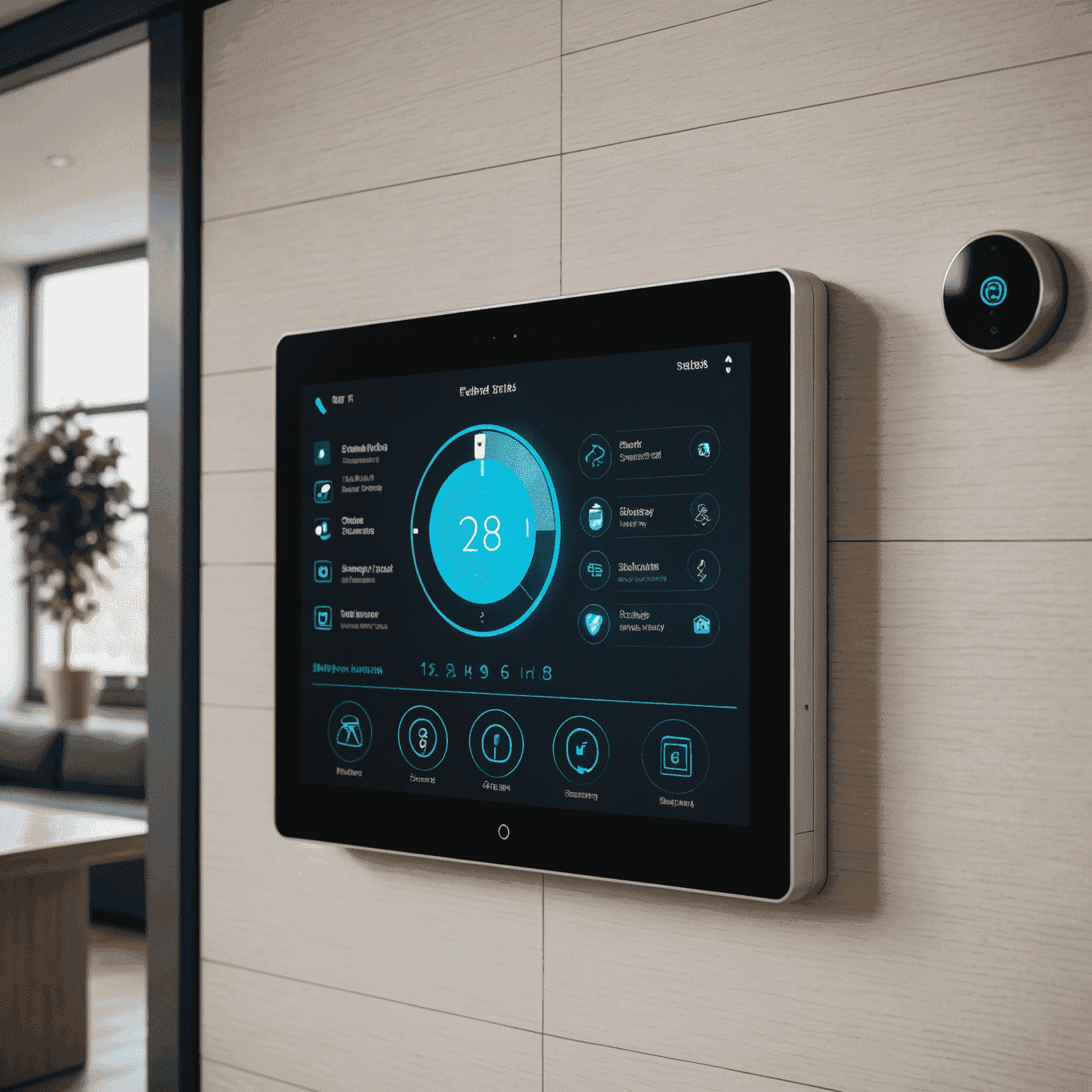 Futuristic smart home interface showing integrated security features, energy management, and AI assistant on a sleek touchscreen panel